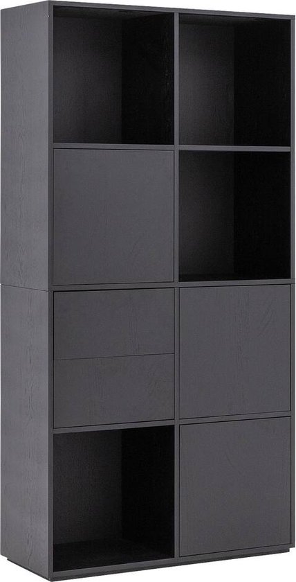 Armoire noire avec 4 compartiments ouverts, 2 tiroirs et 2 portes, gros plan.