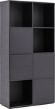 Armoire noire avec 4 compartiments ouverts, 2 tiroirs et 2 portes, gros plan.