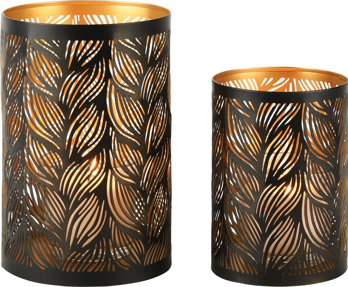 dekoratief Set 2 Waxinelichthouders 'Flowing Flowers', zwart/goud, metaal, 13x13x20cm | A248200