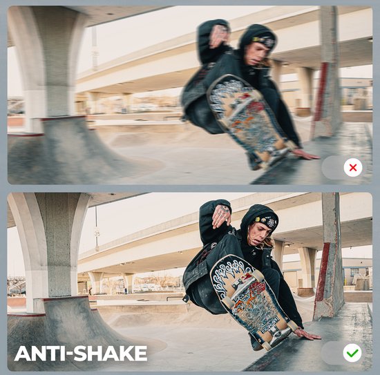 Bovenste foto: skateboarder die een sprong maakt, wazig door beweging. Onderste foto: dezelfde skateboarder met de tekst "ANTI-SHAKE" en een groen vinkje.