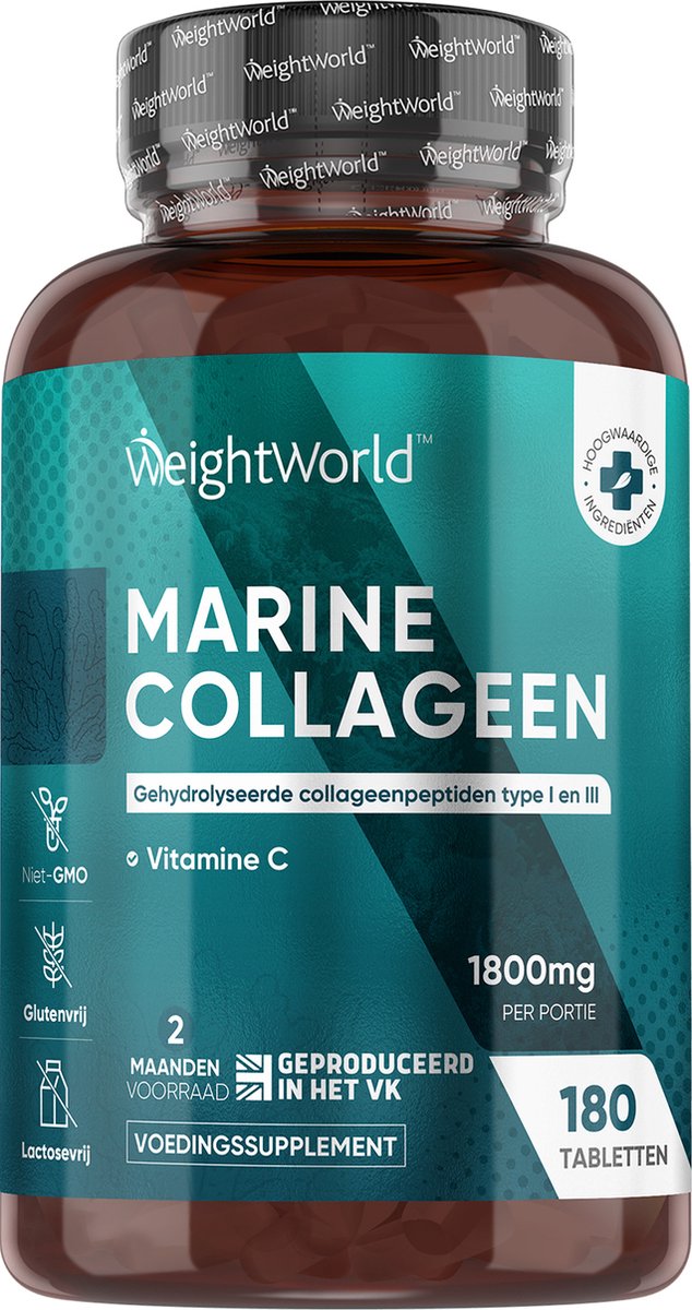 Goedkoopste Marine Collageen tabletten - 1800mg - 180 tabletten voor 2 maanden voorraad - Collageen met Vitamine C - Gehydrolyseerd Marine Collageen met Type 1 en 3 Peptiden - Collageen tabletten gemaakt van natuurlijk Marine Collageen Poeder - van WeightWorld