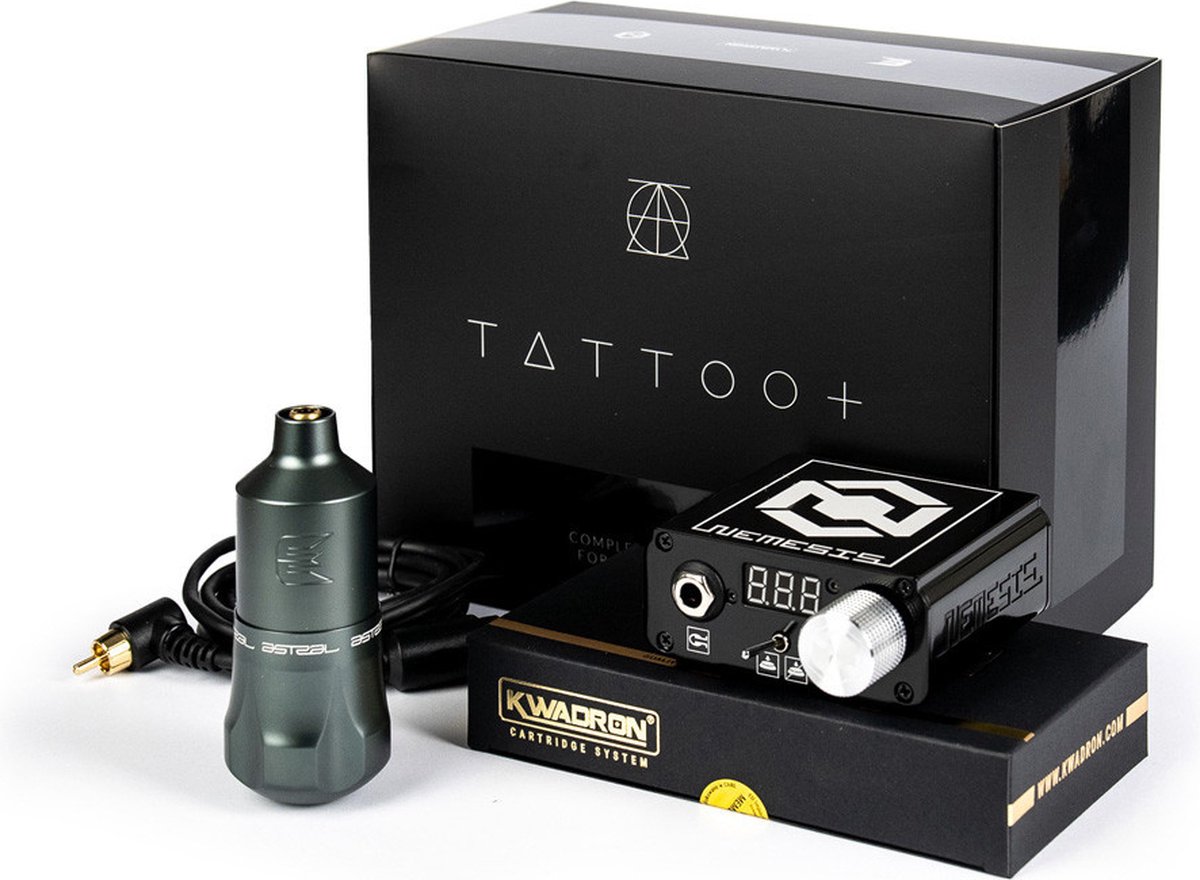 Complete Tattoo Machine Set Equaliser Astral Grey 4.0 + Nemesis Power Supply | Premium Professionele Tattoo Machine | Draadloze Tatoeage Pen | Wireless | PMU Gun | Zelf Tatoeëren Kit | Cartridges | Naalden | Beginner & Gevorderden Set 1RL | 3RL |