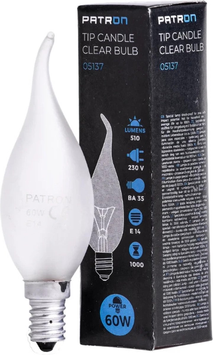 Patron E14 Tip Kaars Gloeilamp | 60W 2700K 510Lm Mat | Dimbaar
