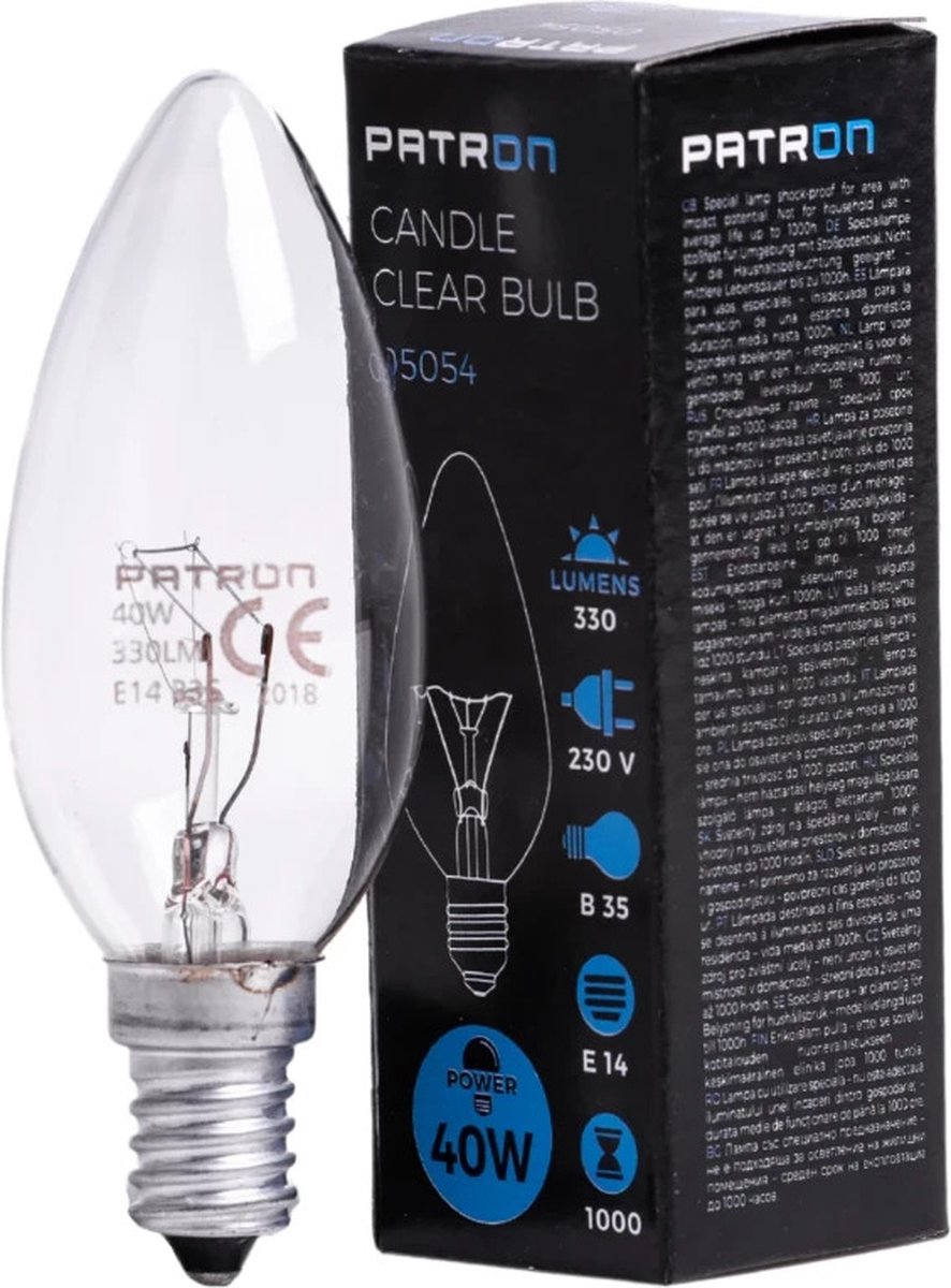 Patron E14 Kaars Gloeilamp | 40W 2700K 330Lm | Dimbaar