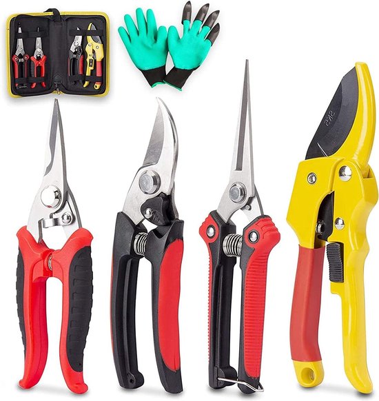 Lot de 4 sécateurs de Jardin - Sécateurs tranchants en acier inoxydable - Sécateurs professionnels - Kit de Outillage à main avec sac de rangement