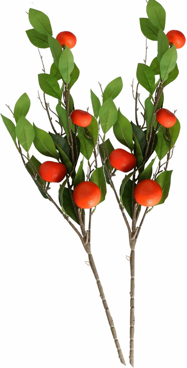 HBX Natural Living Kunstbloem citrusfruit tak clementine/mandarijn - 2x - 80 cm - oranje - losse steel - Kunst zijdebloemen
