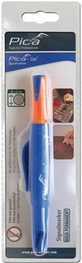 Verpakking van een blauwe en oranje Pica Gel Signaalstift.