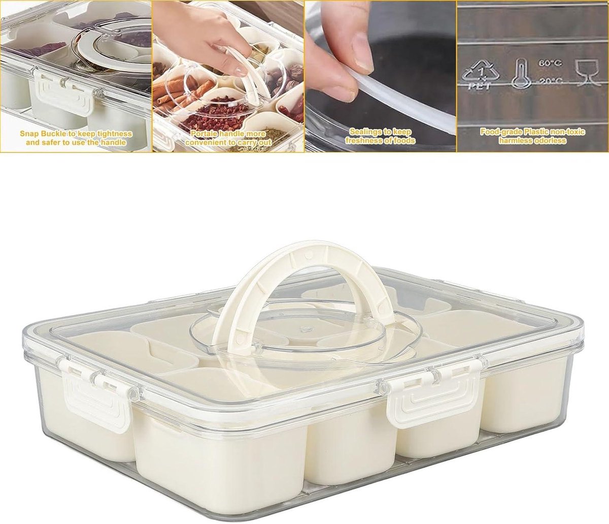 Organisation Collations Voyage Plateau De Service Divisé Avec Couvercle Et Poignée - 8 Compartiments Plateau A Rouler