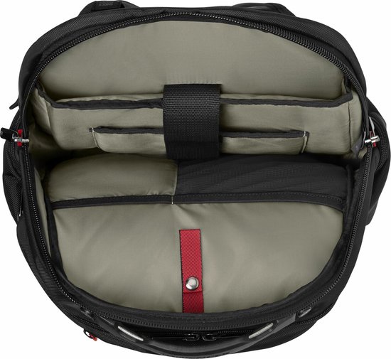 Zwarte rugzak met open vakken voor laptop en organisatie, beige voering.