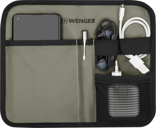 Zwart WENGERS organiseringspaneel met smartphone, pennen, oordopjes en kabels.