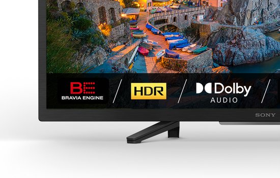 Onderkant van een Sony TV met "Bravia Engine", "HDR" en "Dolby Audio" logo's.