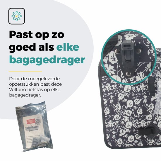 Voltano Enkele Shopper Fietstas - 17 Liter - Midnight Blossom - Zwart Met Witte Bloemen - Waterdicht - Luxe Universele Bevestiging van Voltano — afbeelding 3
