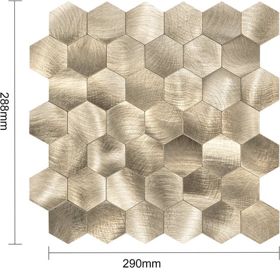 Gouden hexagon tegels met geborsteld metaal structuur. Afmetingen 288x290mm.