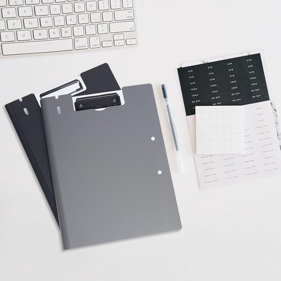 Presse-papiers A4 Double Pinces Grijs Zwart avec Couvercle Tableau d'Ecriture en PVC - Formulaires de Notes