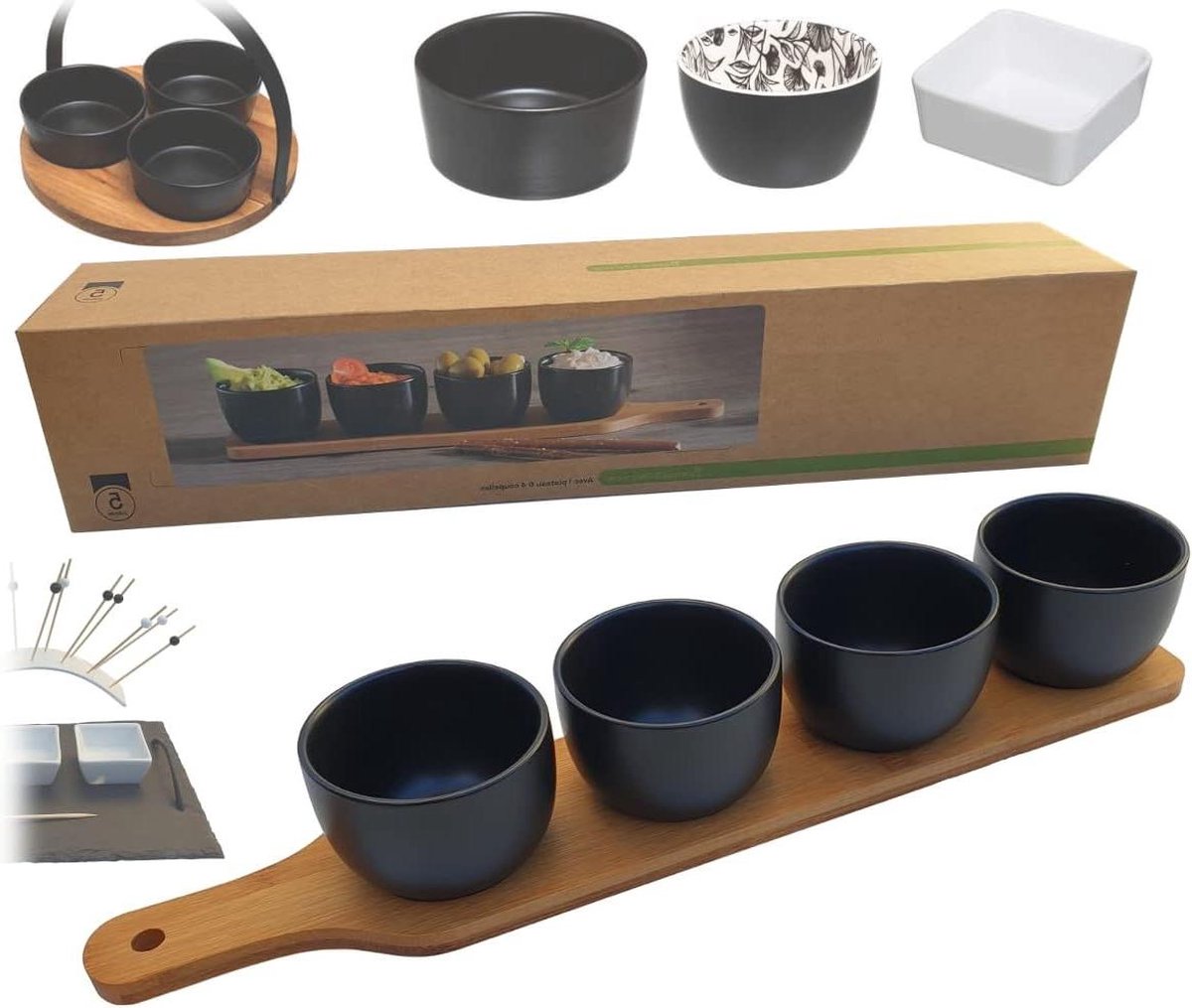 Snackschalenset op hout crème brûléschaaltjes voor voorgerechten souffle vormpjes & sausschaaltjes