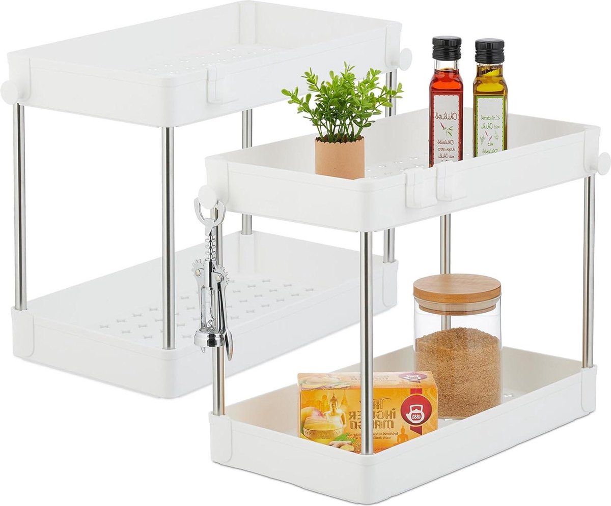 Keukenkast Organizer Set van 2 met 2 Etages en 4 Haken Gootsteenkast Organizer HxBxD 32 x 40 x 22 cm Wit Gootsteenkast Organizer