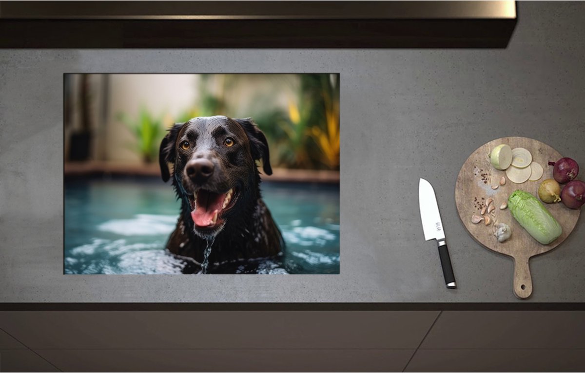 Inductieplaat Beschermer - Bruine labrador komt met zijn kop boven water na het zwemmen - 71x52 cm - 2 mm Dik - Inductie Beschermer - Bescherming Inductiekookplaat - Kookplaat Beschermer van Wit Vinyl