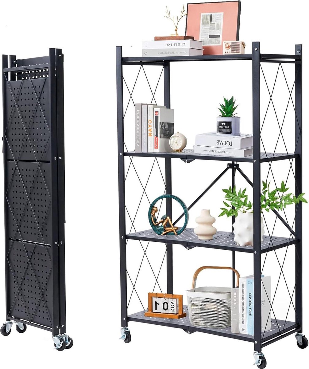 Inklapbaar rek met wieltjes 4 etages opvouwbaar rek voor zware lasten zwart metalen opbergrek voor de keuken en kantoor 71 x 36 x 127 cm opbergrek inklapbaar