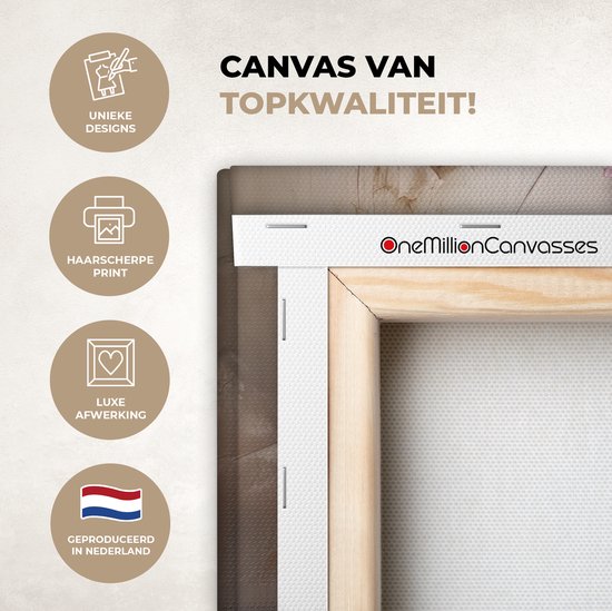 De achterkant van een canvas van topkwaliteit met logo en productkenmerken.