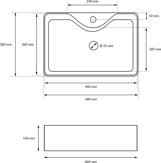 Dessin technique d'un lavabo rectangulaire en céramique blanche avec dimensions.