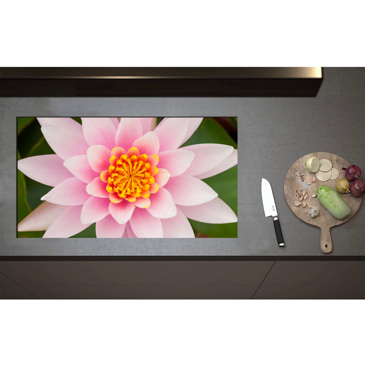 Inductieplaat Beschermer - Bovenaanzicht van Roze Lotus Bloem - 90x50 cm - 2 mm Dik - Inductie Beschermer - Bescherming Inductiekookplaat - Kookplaat Beschermer van Wit Vinyl
