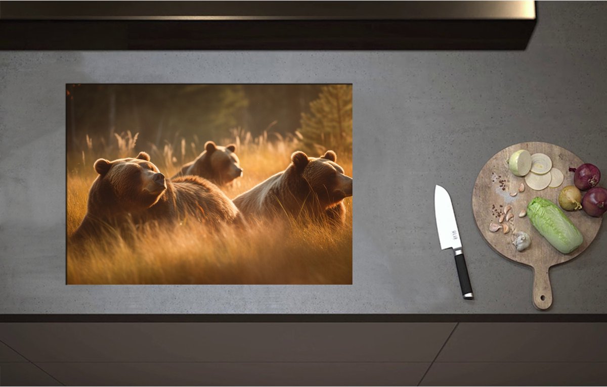Inductieplaat Beschermer - Bruine beren in bruin gekleurd hoog gras - 71x50 cm - 2 mm Dik - Inductie Beschermer - Bescherming Inductiekookplaat - Kookplaat Beschermer van Wit Vinyl
