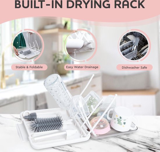 7-in-1 reinigingsset flessenborstel zuigborstel stroborstel zeepdispenser lepel droogrek babyflessen opbergdoos reisbenodigdheden - Roze van Merkloos — afbeelding 5