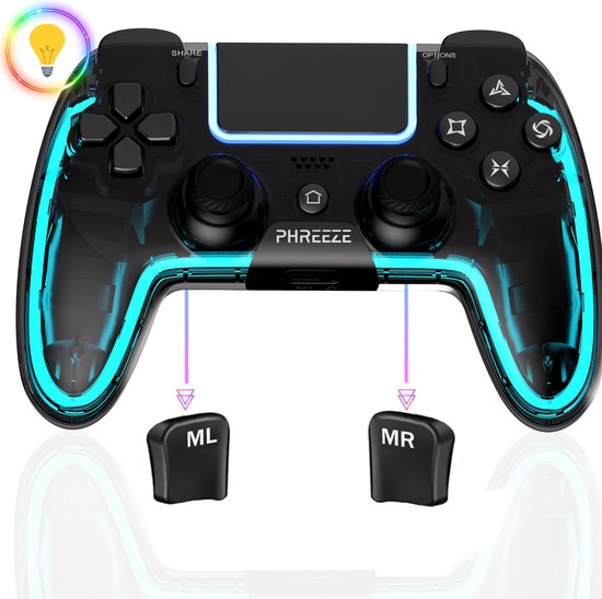 Draadloze RGB Controllers geschikt voor PS4 controller - Shock V3 - Macro Knoppen - LED Verlichting - Geschikt voor Playstation 4 Controller - Transparant