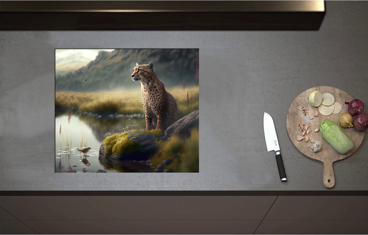 Inductieplaat Beschermer - Cheetah op Rots langs Rivier door Natuurgebied - 59x51 cm - 2 mm Dik - Inductie Beschermer - Bescherming Inductiekookplaat - Kookplaat Beschermer van Zwart Vinyl