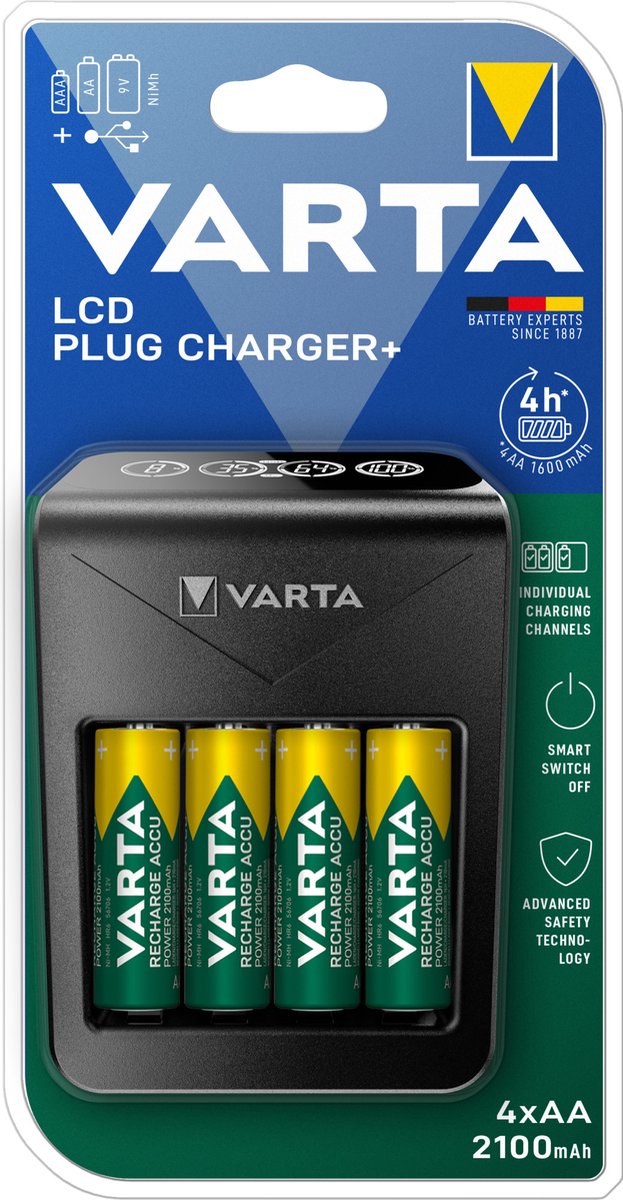 Varta Batterij oplader - LCD Plug Charger inclusief 4x AA 2100 mAh