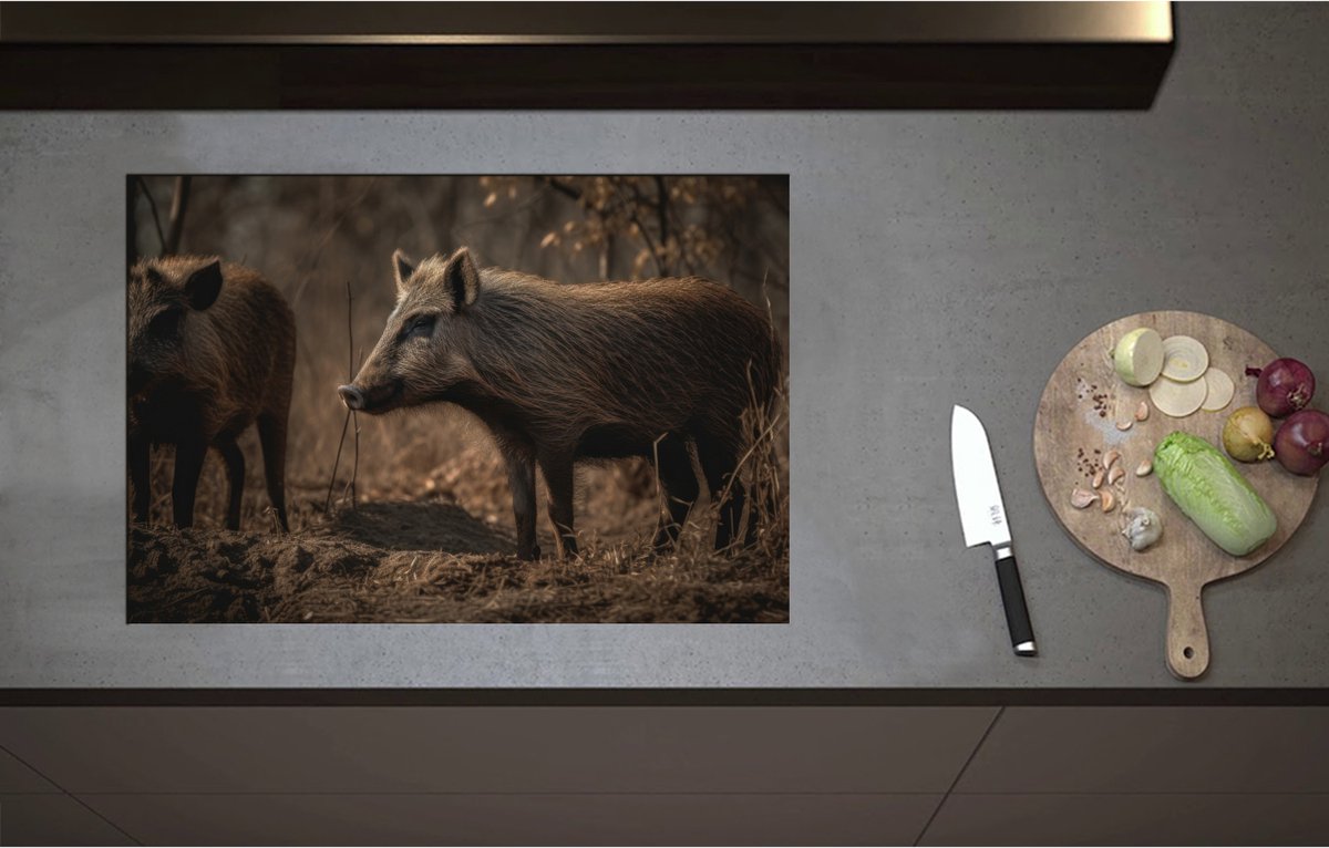 Inductieplaat Beschermer - Bruine zwijnen in een bos omgeving - 75x51 cm - 2 mm Dik - Inductie Beschermer - Bescherming Inductiekookplaat - Kookplaat Beschermer van Zwart Vinyl