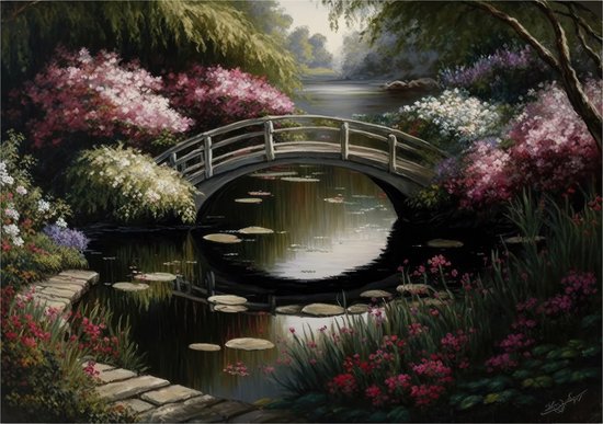 Inductieplaat Beschermer - Brug over Sloot met Mooie Bloemen - 71x50 cm - 2 mm Dik - Inductie Beschermer - Bescherming Inductiekookplaat - Kookplaat Beschermer van Zwart Vinyl
