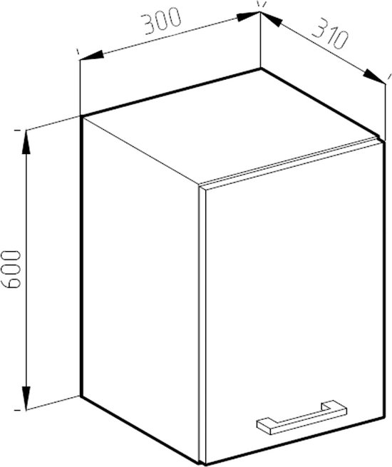 Dessin technique du meuble de cuisine Vicco R-Line, 30 cm de large, 60 cm de haut, 31 cm de profondeur.