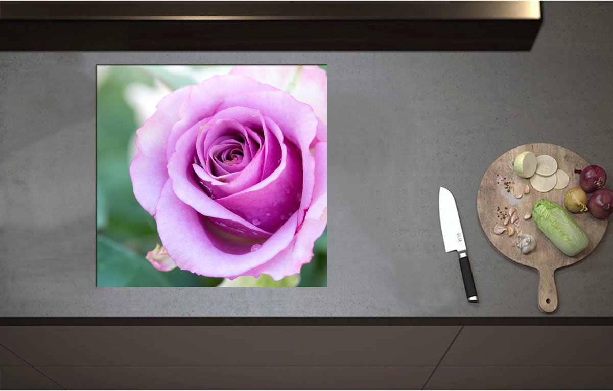 Inductieplaat Beschermer - Close Up van Mooi Bloeiende Paarse Roos - Bloemen - 57x55 cm - 2 mm Dik - Inductie Beschermer - Bescherming Inductiekookplaat - Kookplaat Beschermer van Wit Vinyl