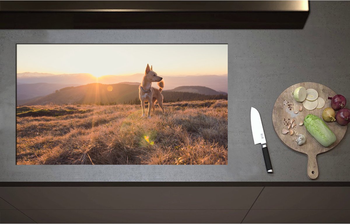 Inductieplaat Beschermer - Bruine Hond op de Top van de Berg bij Zonsondergang - 90x52 cm - 2 mm Dik - Inductie Beschermer - Bescherming Inductiekookplaat - Kookplaat Beschermer van Zwart Vinyl