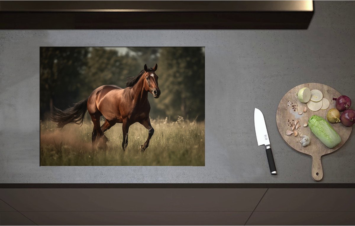 Inductieplaat Beschermer - Bruin Paard met Witte Bles Lopend door Weiland met Hoog Gras - 70x51 cm - 2 mm Dik - Inductie Beschermer - Bescherming Inductiekookplaat - Kookplaat Beschermer van Wit Vinyl