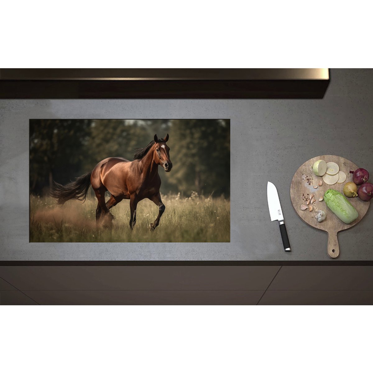 Inductieplaat Beschermer - Bruin Paard met Witte Bles Lopend door Weiland met Hoog Gras - 80x50 cm - 2 mm Dik - Inductie Beschermer - Bescherming Inductiekookplaat - Kookplaat Beschermer van Wit Vinyl