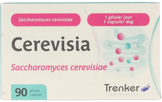 Doosje met 90 "Cerevisia Saccharomyces cerevisiae" capsules. Wit met roze en blauwe elementen.