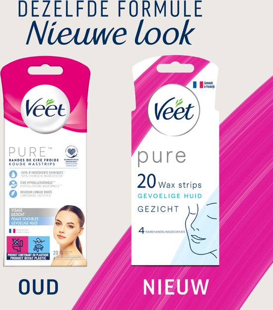 Vergelijking: oude en nieuwe verpakking Veet Pure ontharingsstrips voor gezicht en gevoelige huid. Nieuwe look, zelfde formule.