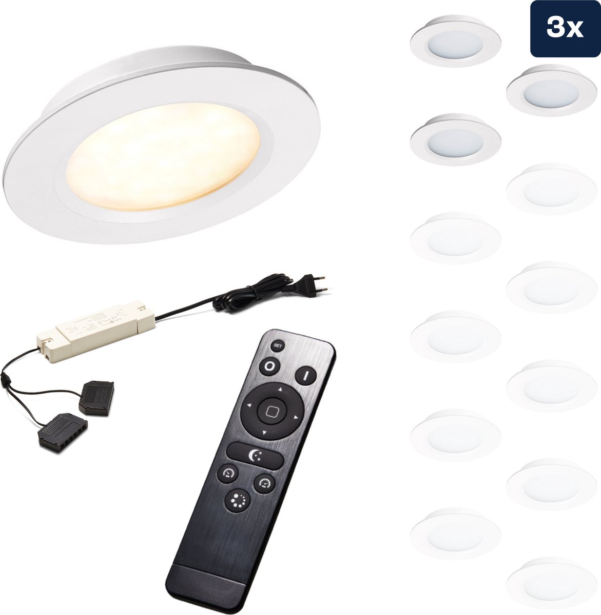 Ledisons Modena Set met 3 witte LED inbouwspots en afstandsbediening dimbaar 3 jaar garantie 2700K (extra warm-wit) 200 Lumen 3W IP44