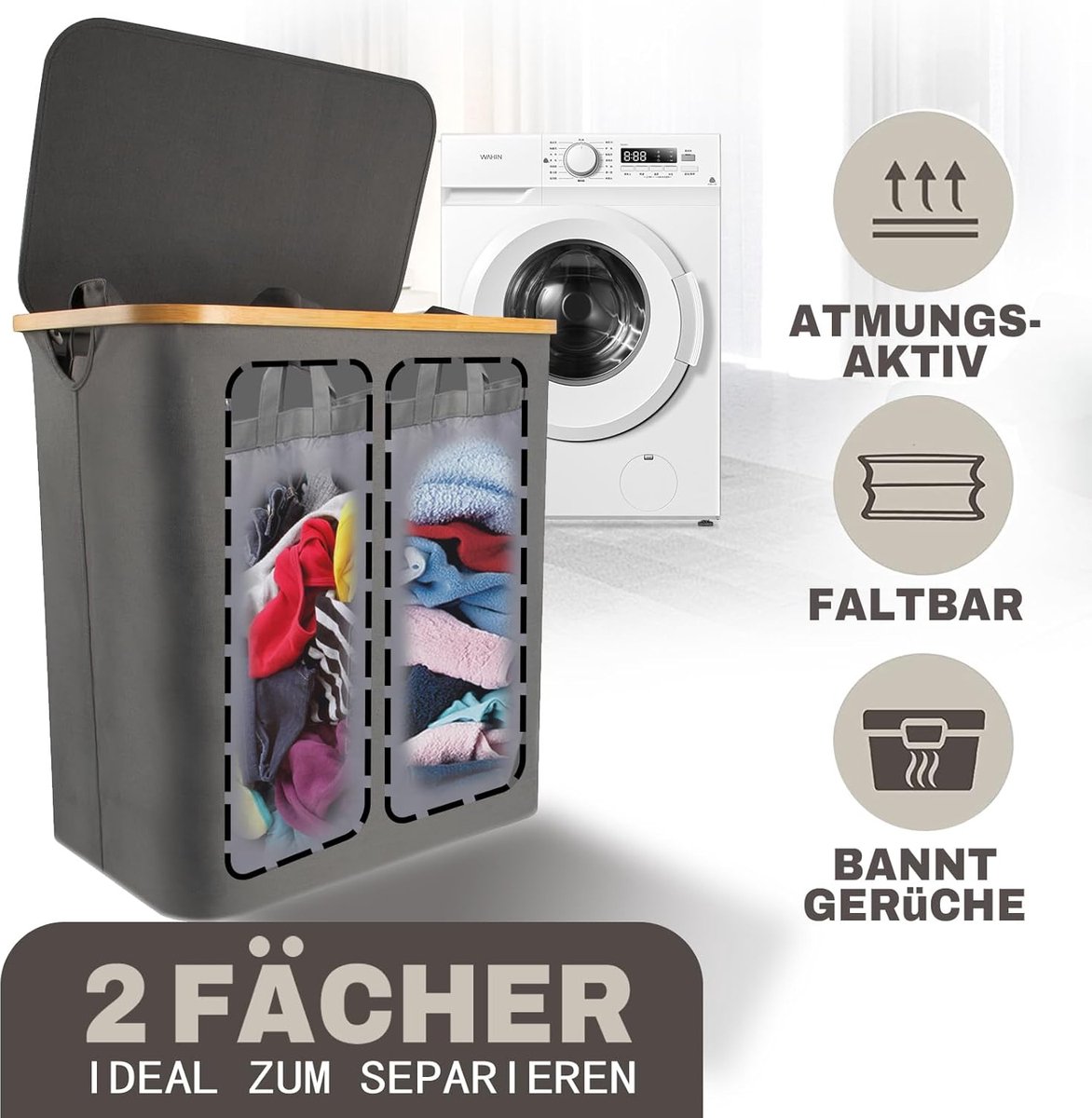 Celeko Home Wasmand, 2 vakken met 2 deksels, 150 liter, bamboestof, lichtgrijs, groot, wassorteerder, wasmand met deksel, wasmandverzamelaar, lichtgrijs, antraciet, zwart, Laundry Hamper