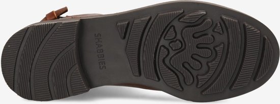 Onderkant van een cognac leren enkellaars met Shabbies logo op de zool.