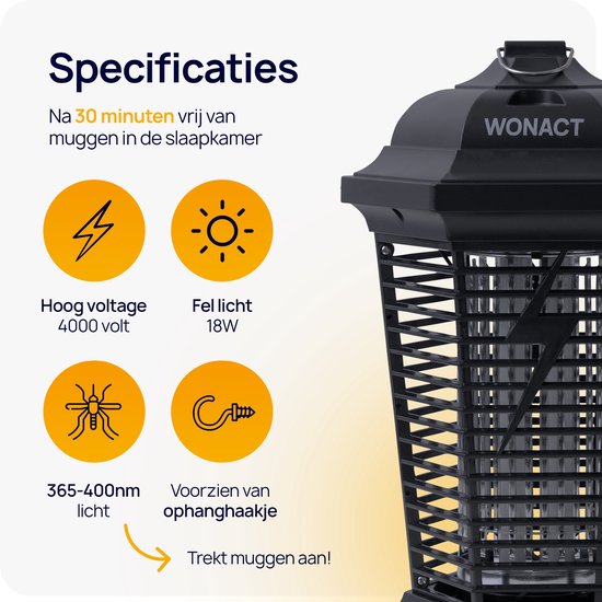 Specificaties van de Wonact muggenlamp: 4000V, 18W fel licht, 365-400nm licht, met ophanghaakje.