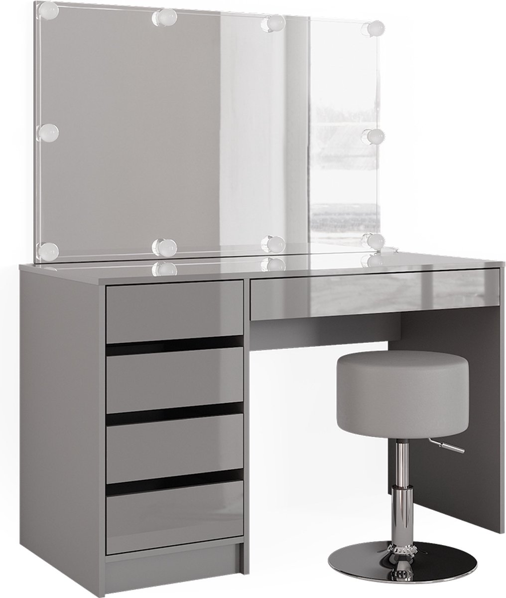 Vicco Kaptafel set met kruk Sherry, Grijs, 120 cm met spiegel, LED-lichtslinger en kruk