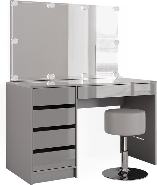 Coiffeuse Sherry Avec Miroir LED Et Tabouret - Dimensions 120x75x55 Cm - Couleur Anthracite Brillant - Panneaux Mélaminés - Étagères De Rangement Incluses