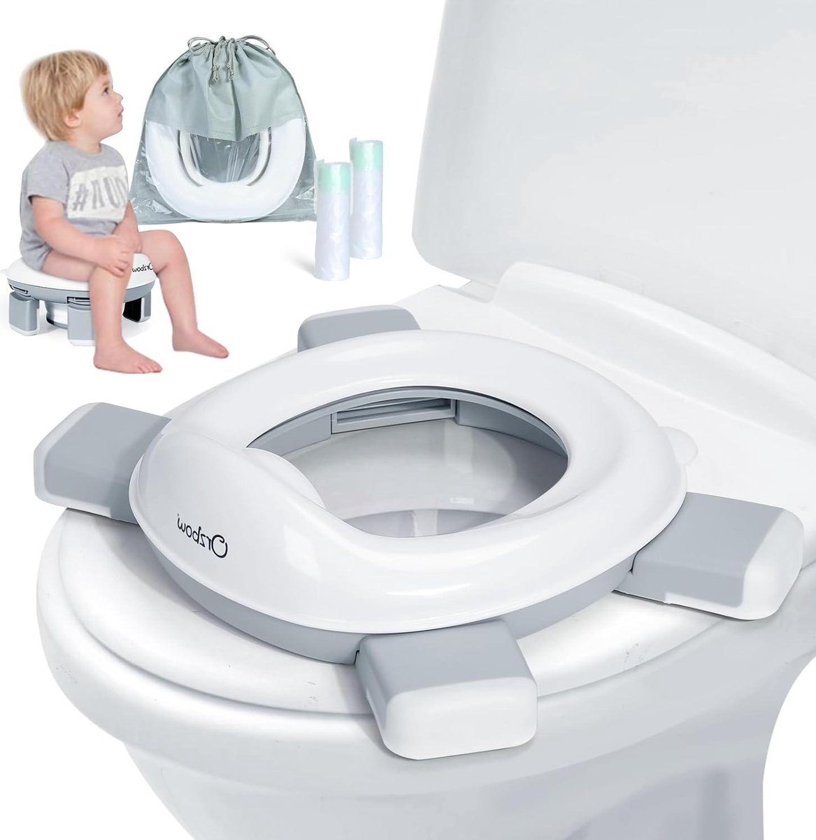 Potje Peuter draagbare Orzbow Toiletbril voor kinderen - draagbaar potje voor onderweg met tas - opvouwbare reispotjes voor kinderen - 40 stuks potjeszakken - anti-slip potjes trainingsstoel voor baby's - grijs Potje Peuter