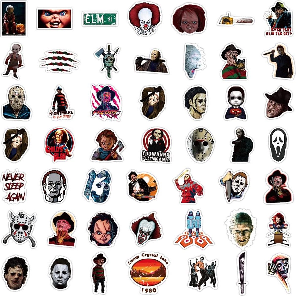 100 Horrorfilmstickers – Waterdicht Vinyl, 5-7,6 Cm – Voor Laptop, Gitaar, Koffer, Halloween – Unieke Ontwerpen, Geen Duplicaten