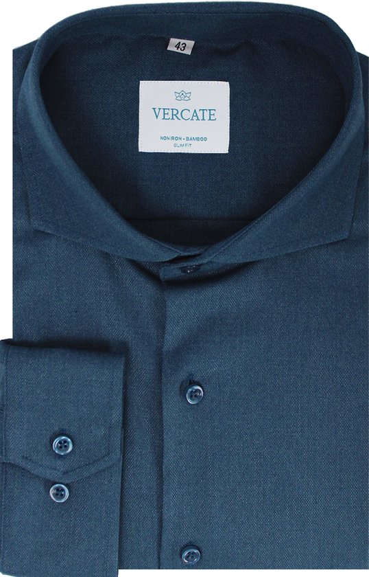 Vercate - Strijkvrij Kreukvrij Overhemd - Blauw - Slim Fit - Bamboe Katoen - Lange Mouw - Heren - Maat 37/S