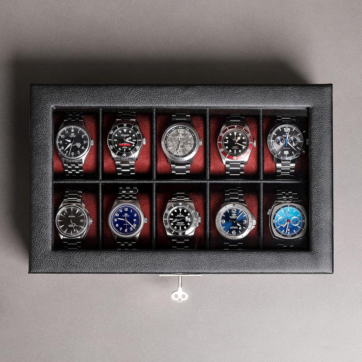 Boîte à Montres 12 Emplacements 2 Niveaux Verrouillable – Organisateur Luxueux Avec Grand Couvercle Verre, Peinture Piano, Coussin PU Souple, JWB003Y