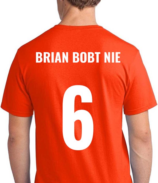 Oranje voetbal EK/WK-shirt met rugtekst Brian Bobt nie + NL Leeuw op borst (wit) | Maat S | Oranje EK/WK-shirt Heren - Oranje EK/WK-shirt Dames - Grappig Oranje shirt